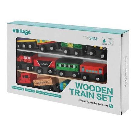 Drewniana kolejka pociąg na magnes lokomotywy wagony dla dzieci 13 elementów