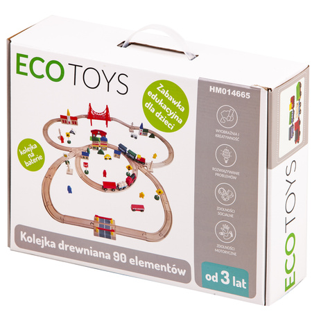 Drewniana kolejka pociąg na baterie tory akcesoria autka 90 elementów Ecotoys HM014665