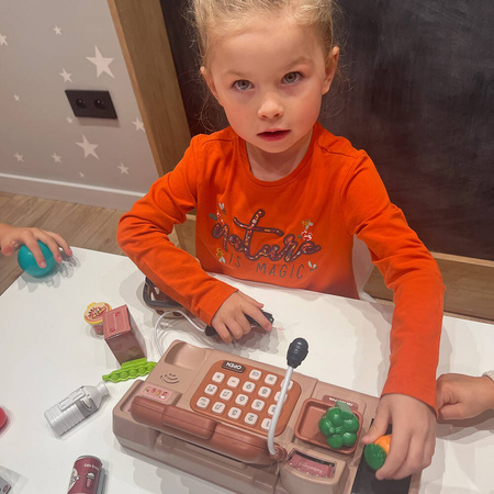 Duża edukacyjna sklepowa kasa fiskalna dla dzieci Akcesoria Kalkulator Waga Skaner 25 elementów brązowa