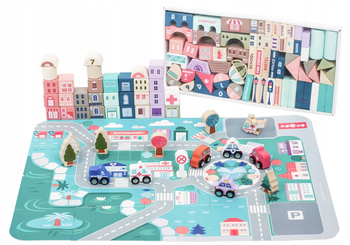 Drewniane klocki edukacyjne miasto mata dla dzieci zestaw 115 sztuk Ecotoys HM015220
