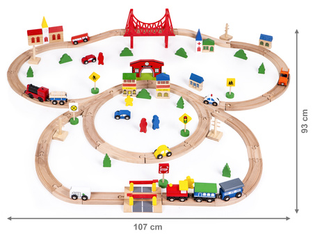 Drewniana kolejka pociąg na baterie tory akcesoria autka 90 elementów Ecotoys HM014665