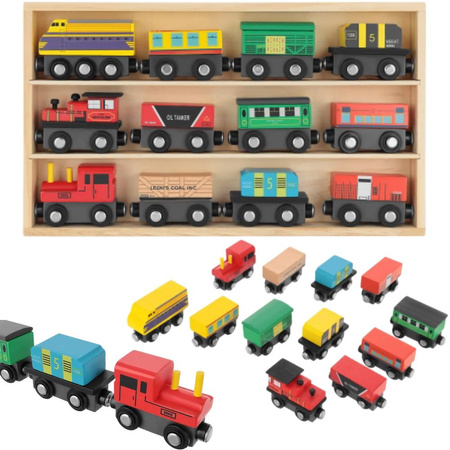 Drewniana kolejka pociąg na magnes lokomotywy wagony dla dzieci 13 elementów